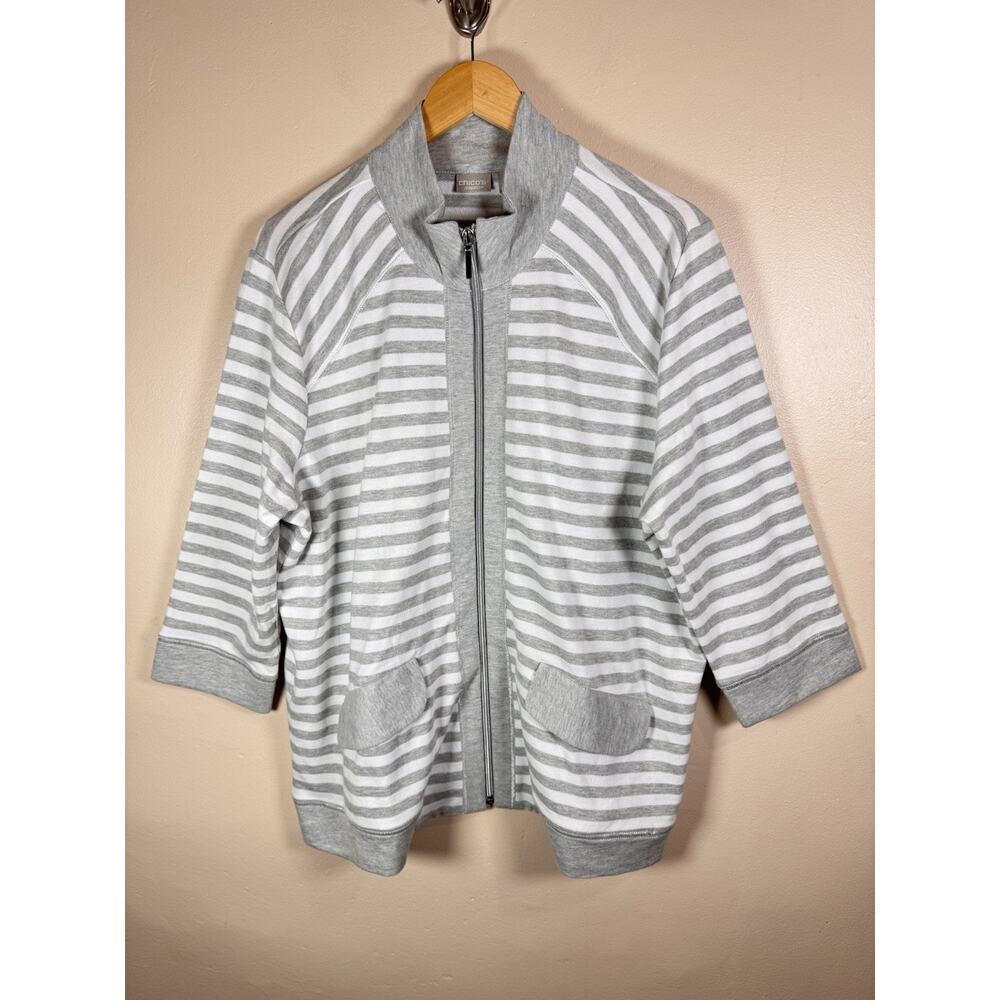 CHICOS ZENERGY Womens Plus Size Jacket Stripe Size 3 16/18 Nautical Coastal Gray
